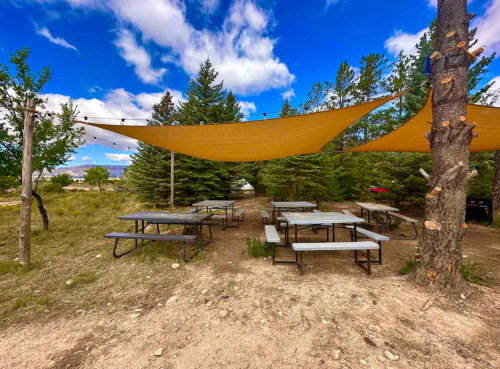 Outdoor picnic area with shaded tables surrounded by trees and a blue sky with clouds.