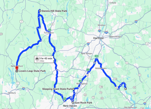 Map showing a route from New Milford to Lovers Leap State Park, passing through various parks near Hartford, CT.