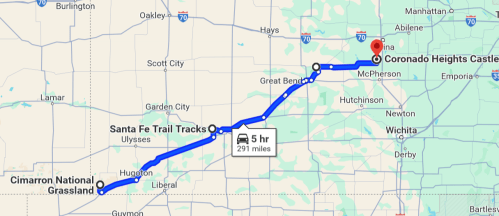 Map showing a route from Cimarron National Grassland to Coronado Heights Castle, highlighting major roads and locations.
