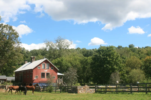 A red barn surrounded by trees and horses grazing in a green field under a partly cloudy sky.