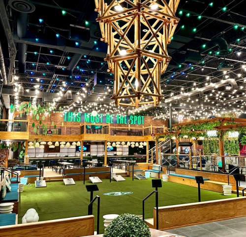 A vibrant indoor space with green turf, string lights, and wooden decor, featuring a sign that says "This Must Be The Spot."