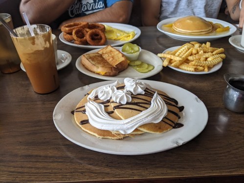 A plate of pancakes topped with whipped cream and chocolate sauce, surrounded by various breakfast dishes and drinks.
