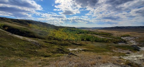 A scenic landscape featuring rolling hills, green trees, and a cloudy blue sky.