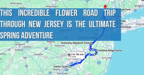 Map highlighting a flower road trip route through New Jersey, labeled as a spring adventure.