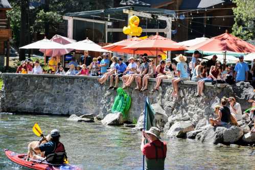 A lively scene by the water with people enjoying a sunny day, some on a stone wall and others kayaking.