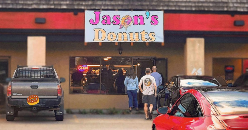 A colorful sign reads "Jason's Donuts" as customers enter the shop, with cars parked outside.