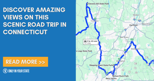 Map highlighting a scenic road trip route in Connecticut, featuring parks and views, with a call to action to read more.