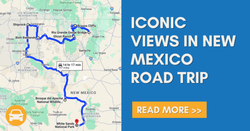 Map of a road trip route through New Mexico, highlighting iconic views and destinations. Text promotes reading more.