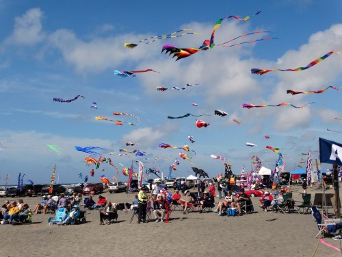 A beach scene filled with colorful kites flying above a crowd of people sitting on the sand, enjoying the day.