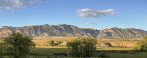 A scenic view of rugged mountains under a blue sky, with green trees and grass in the foreground.