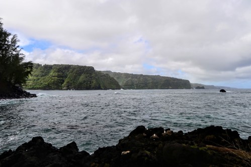 A scenic view of a rocky coastline with lush green cliffs under a cloudy sky and gentle waves.