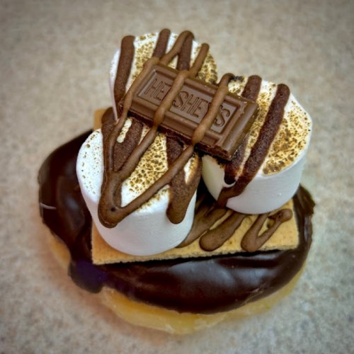 A donut topped with toasted marshmallows, chocolate drizzle, and pieces of Hershey's chocolate on a graham cracker.