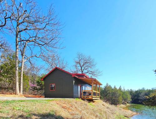 A cozy cabin with a red roof by a serene pond, surrounded by trees under a clear blue sky.