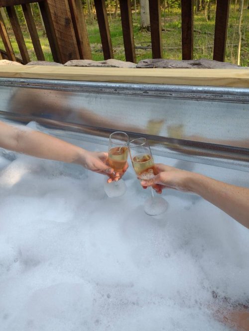 Two hands clink champagne glasses above a bubbly hot tub, surrounded by a lush green forest.