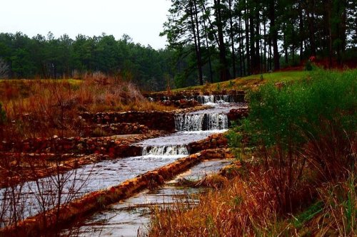 A serene landscape featuring a small waterfall flowing through rocky terrain, surrounded by lush greenery and trees.