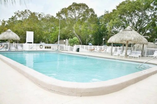 A clear swimming pool surrounded by palm-thatched huts and lounge chairs, set in a lush, green landscape.