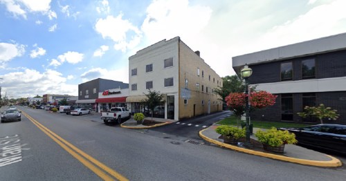 Street view of a small town with a mix of buildings, parked cars, and flowering plants along the sidewalk.