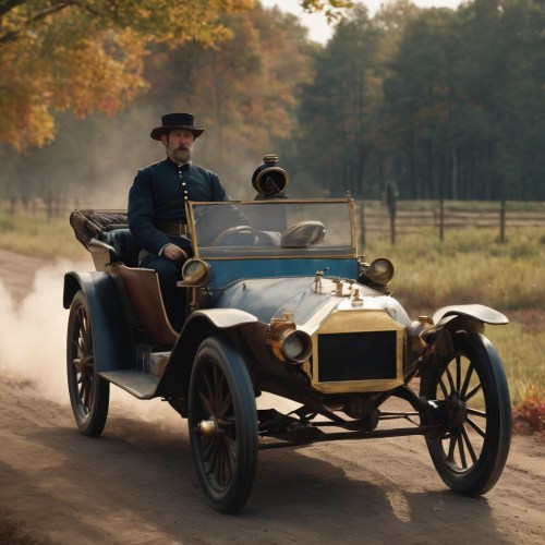 A man in a vintage blue car drives down a dusty road, surrounded by trees in autumn colors.
