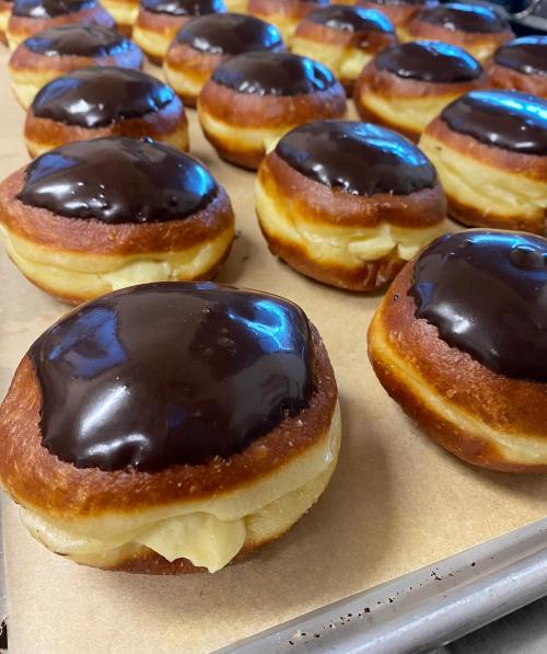 A tray of freshly baked donuts filled with cream and topped with shiny chocolate glaze.