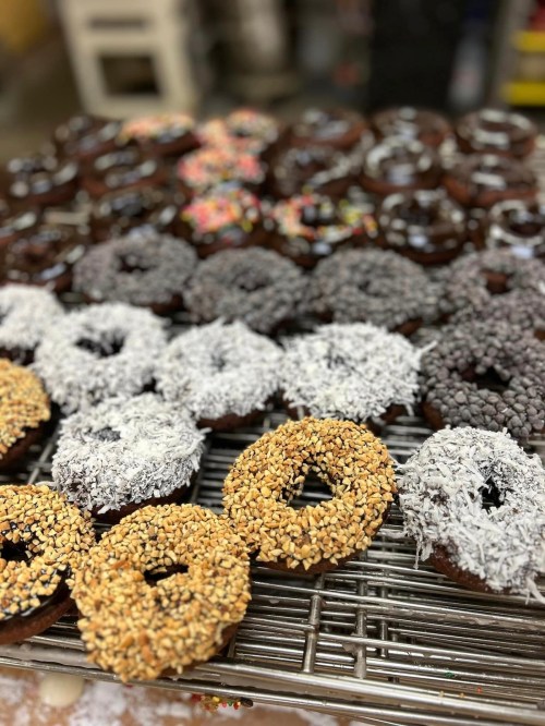 A variety of donuts with different toppings, including sprinkles, chocolate, coconut, and nuts, arranged on a cooling rack.