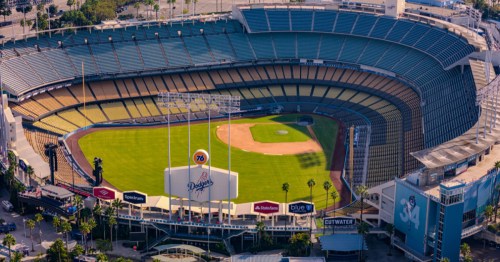 aerial of an empty dodger stadium in los angeles, california