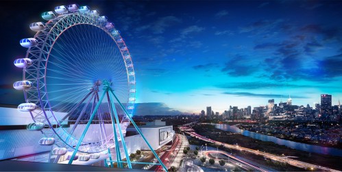 A vibrant city skyline at dusk featuring a large Ferris wheel with colorful lights.