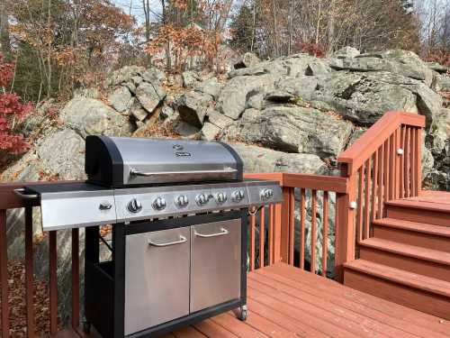 A stainless steel gas grill on a wooden deck, with rocky terrain and autumn foliage in the background.