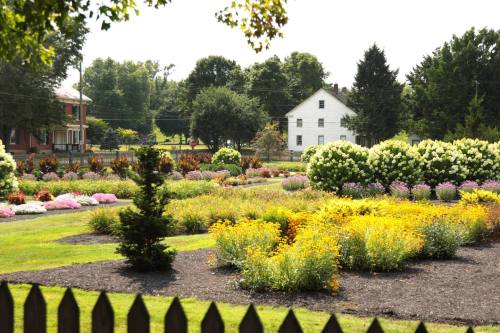A vibrant garden filled with colorful flowers and lush greenery, bordered by a wooden fence and a white house in the background.
