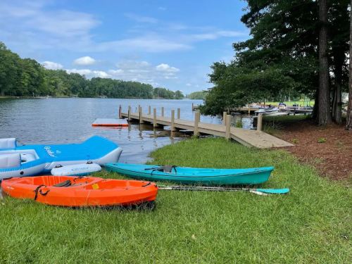 Colorful kayaks on grassy shore by a calm lake, with a wooden dock and trees in the background under a blue sky.