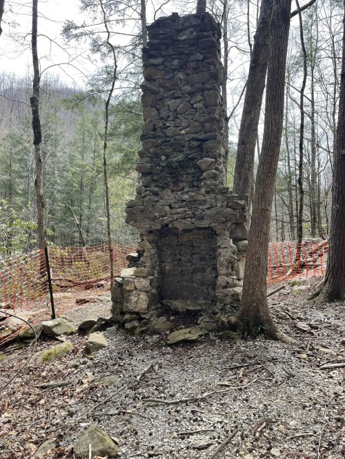 A tall, weathered stone chimney stands among trees in a forest, with orange construction fencing in the background.