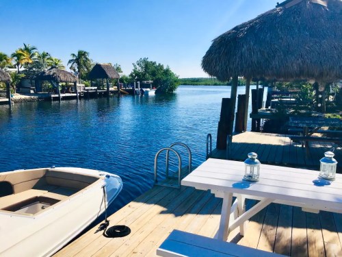 A serene waterfront scene with a small boat, wooden dock, and thatched-roof huts under a clear blue sky.