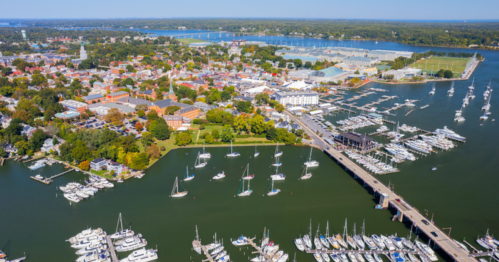 Aerial view of a marina with sailboats, surrounded by a vibrant town and lush greenery under a clear blue sky.