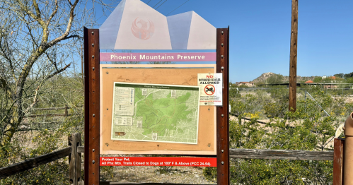 Sign at Phoenix Mountains Preserve displaying a map and trail information, with a warning about pet restrictions.