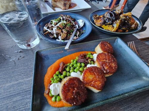 A plate with seared scallops on a bed of carrot puree and peas, with sides of mushrooms and roasted vegetables.