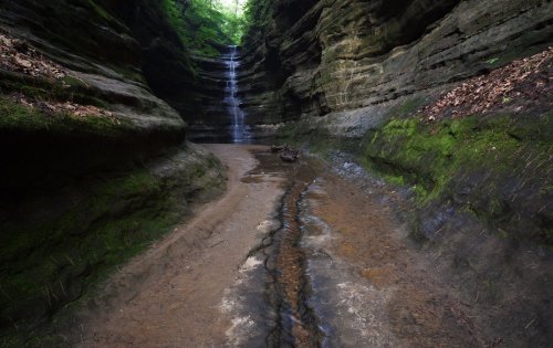 A serene canyon with mossy walls and a small waterfall cascading into a sandy creek bed.