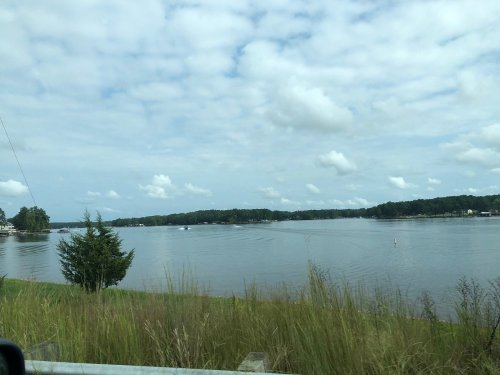 A calm lake surrounded by greenery under a cloudy sky, with a few boats in the distance.
