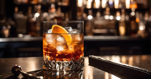 glass of whiskey sits on the bar with warm light