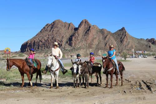 A group of people on horseback, including children, with rocky mountains in the background under a clear blue sky.
