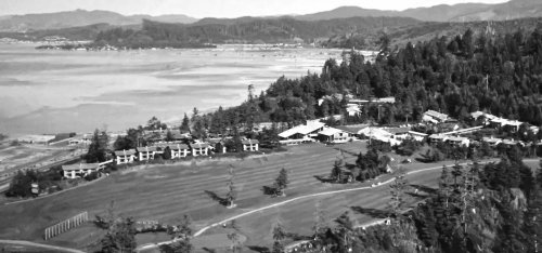 Aerial view of a coastal resort surrounded by trees and hills, with a sandy beach in the background. Black and white image.