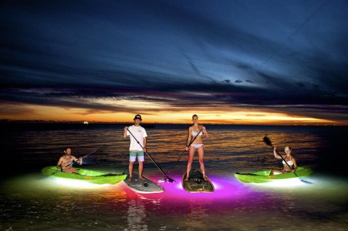 Four people on illuminated paddleboards at sunset, with vibrant colors reflecting on the water.