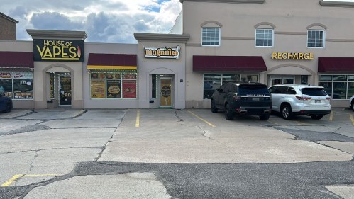 Image of a shopping plaza with three stores: "House of Vapes," "Magnifico," and "Recharge," with parked cars in front.