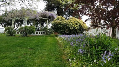 A lush garden with a gazebo, surrounded by blooming flowers and greenery under a clear sky.