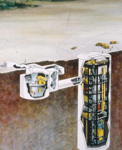 Illustration of a cross-section of a futuristic underground facility with various levels and machinery.