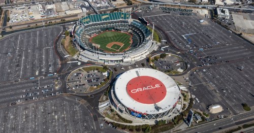 aerial of Oakland Arena (formerly Oracle Arena) in Oakland, California