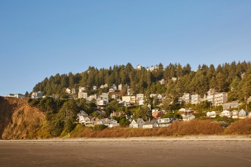 Coastal hillside with houses nestled among trees, overlooking a sandy beach under a clear blue sky.