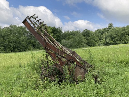 Rusty, abandoned farming equipment overgrown with grass and weeds in a lush green field under a cloudy sky.