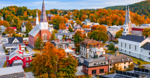 Montpelier Vermont skyline with historic buildings, church steeples, and tree-lined streets in New England’s capital city