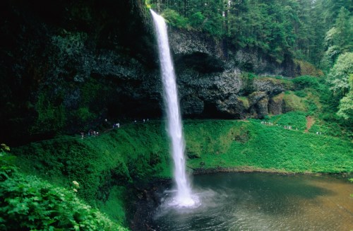 A stunning waterfall cascades into a serene pool, surrounded by lush greenery and rocky cliffs.