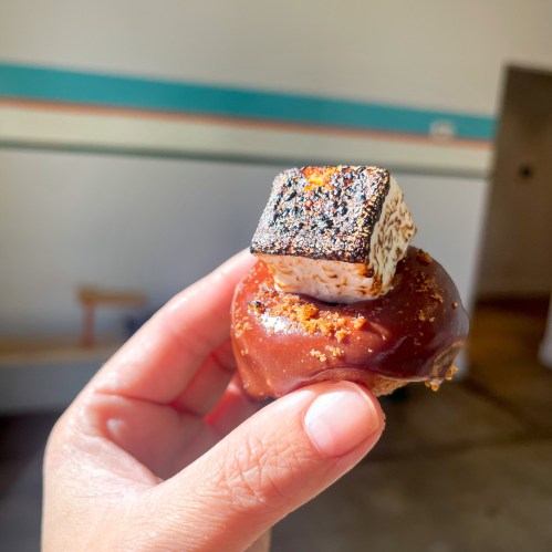 A hand holding a chocolate-covered treat topped with a square of toasted marshmallow.