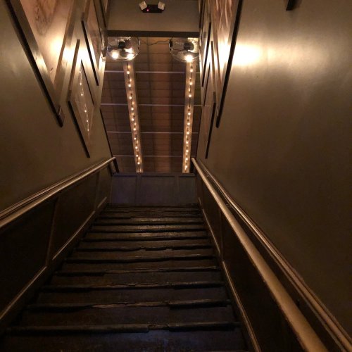 A dimly lit staircase with wooden steps, leading down to a lower level, framed by walls and decorative lights.